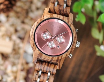 Orologio da donna in legno oro rosa unico / Orologi in legno personalizzati da donna / Orologio con incisione / Regalo di anniversario per lei / Abbigliamento estivo