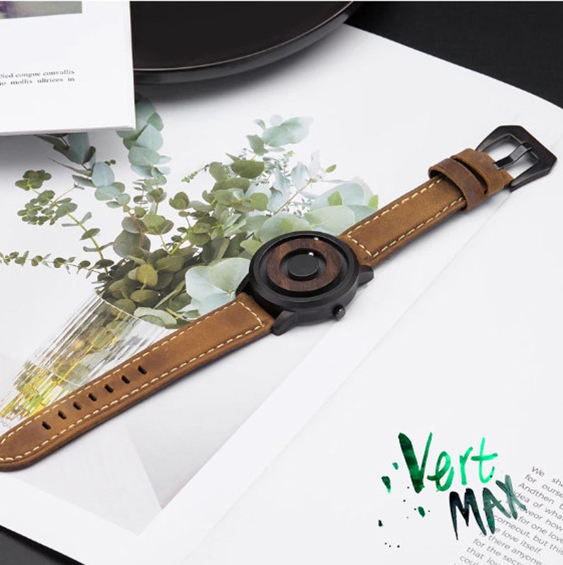 Wood Watch with Rotating Magnetic Ball for men, Personalized Wooden Watch, Magnetic Watch leather Strap, Anniversary gift, handmade gift image 8
