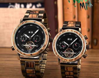 Reloj de madera grabado, relojes de madera para parejas, reloj de pulsera de madera, reloj personalizado para hombres, reloj mecánico para mujeres, regalo de aniversario