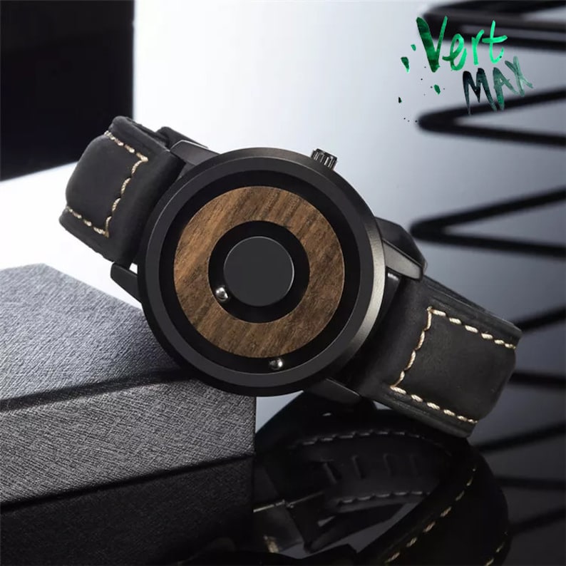 Wood Watch with Rotating Magnetic Ball for men, Personalized Wooden Watch, Magnetic Watch leather Strap, Anniversary gift, handmade gift image 4