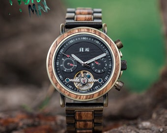 Reloj de madera grabado / Reloj mecánico / Reloj de pulsera automático de madera / Reloj personalizado para hombres / Reloj Steampunk / Regalo de aniversario para él
