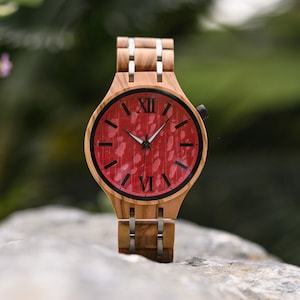 Personalized Men's Wood Watch with red dial| Engraved Wooden Watches for Men| Autumn Jewelry Wedding Gifts Anniversary Gift for boyfriend