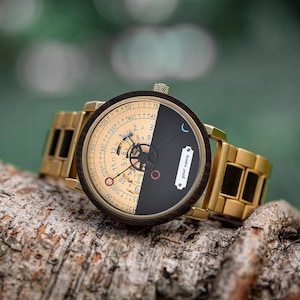 Engraved Mechanical Wooden Watch Engraving Men's Watch bronze anniversary gift for men Personalized Watch with custom engraved handwriting Gold Ebony