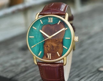 Personalisierte Herren Holz Metall & Leder farbige Zifferblatt Uhr | Gravierte Herren Holzuhr | Perfektes Geschenk für Freund | Jubiläumsgeschenk für ihn
