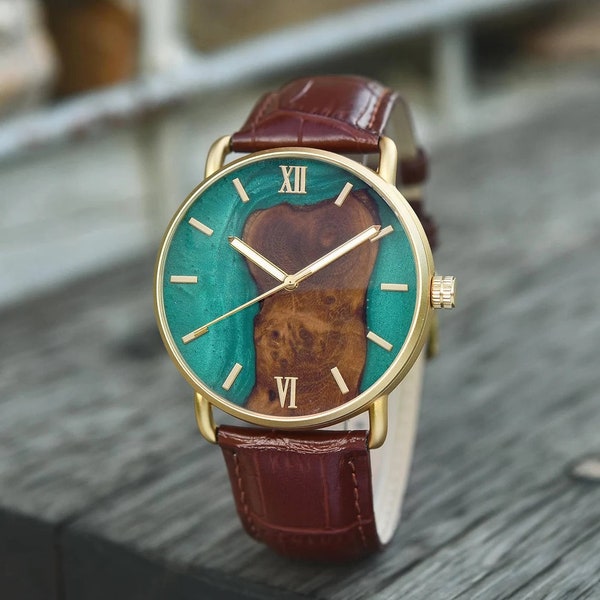 Personalisierte Herren Holz Metall & Leder farbige Zifferblatt Uhr | Gravierte Herren Holzuhr | Perfektes Geschenk für Freund | Jubiläumsgeschenk für ihn