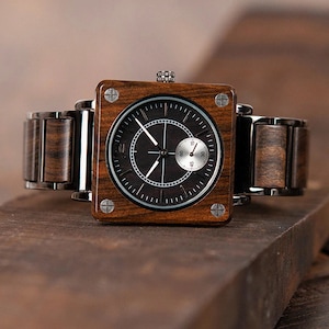 Wooden Watch in Present Box Gift |Groomsmen Engraved Square Watch| Gifts for Him Husband| Personalized Men's Wood Watch| Vintage Style Watch