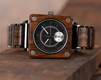 Reloj de madera en regalo de caja actual /Reloj cuadrado grabado para padrinos de boda/ Regalos para él esposo/ Reloj de madera personalizado para hombres / Reloj de estilo vintage