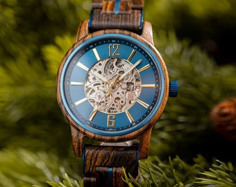 Reloj de madera grabado, reloj mecánico, regalo de aniversario de bronce para él, reloj de pulsera automático de madera, reloj personalizado para hombre, reloj de hombre