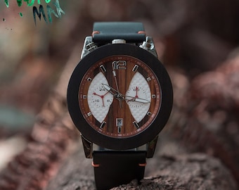 Personalized Men's Wood & Metal Leather Watch| Waterproof Engraved Mens Wooden Watch| Personalized 7th anniversary gift for him boyfriend