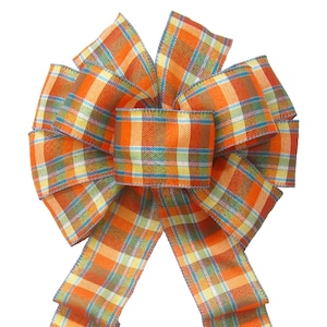 Lazos de corona de otoño a cuadros naranja turquesa, Lazos de otoño con alambre para coronas, farolillos, carteles, manualidades, Lazos de otoño con bordes de alambre para decoración de Acción de Gracias