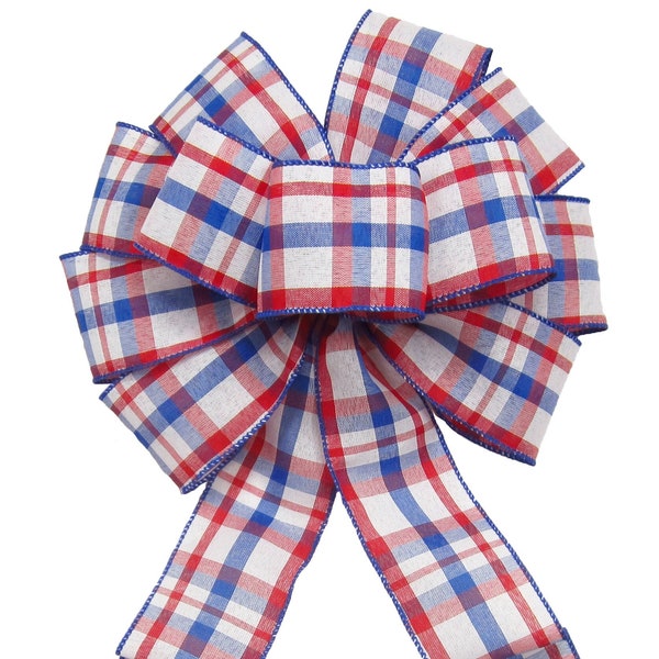 Red White and Blue Plaid Patriotic Wreath Bow – Wired Patriotic Bows for Wreaths, Lanterns, Signs, Americana Decor - 4th of July Decorations