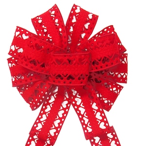 Red Felt Hearts Cutout Valentines Day Bows - Wired Valentines Day Bows for Wreaths, Lanterns, Signs, Gifts - Hearts Valentine Spring Bows