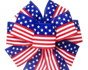 14" Stars and Stripes Patriotic Bow - 4th of July Decoration - Memorial Day Wreath Bow - Americana Flag Decorations for Patriotic Decorating