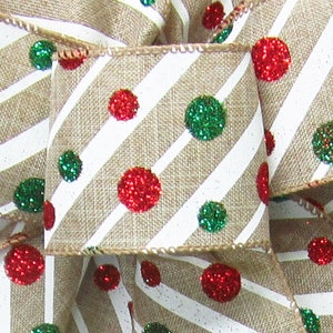 10Yds Striped Glitter Dots Christmas Ribbon - 2.5&quot; Wired Ribbons - Wreaths, Bows, Crafts, Decorations