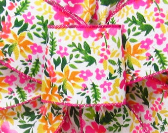 10Yds Pink & Tangerine Watercolor Floral Ribbon - 2.5" Wired Spring Ribbon - Wreaths, Baskets, Signs, Crafts