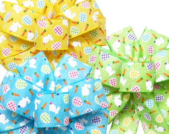 Bunnies & Gingham Eggs Bows - Wired Easter Bow - Spring Bows - Wreaths, Lanterns, Signs, Baskets, Crafts