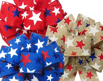 Patriotic Stars Wreath Bows - Wired Patriotic Bows for Wreaths, Lanterns, Signs, Americana Decor - 4th of July Independence Day Decorations