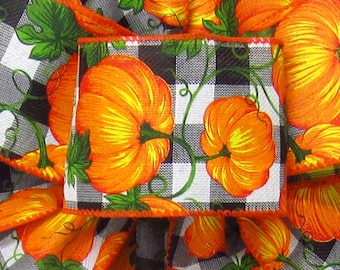 10Yds Buffalo Plaid Pumpkins Ribbon - 2.5" Wired Thanksgiving Check Ribbon - Wreaths, Signs, Crafts, Decorations