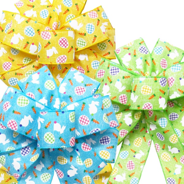 Wired Bunnies & Gingham Eggs Bows -  Easter Wreath Bow - Spring Bows for Wreaths or Lantern - Easter Basket Bows - Choose Color/Size (SW11M)