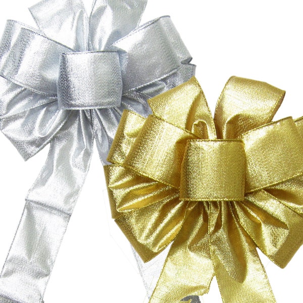 Wired Radiant Metallic Wreath Bow – Silver Wreath Bow for Christmas - Gold Bows for Wreaths & Lanterns - New Year's Bow - Gold Christmas Bow