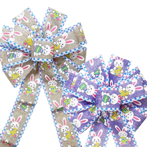 Happy Bunnies and Easter Eggs Spring Bows -  Wired Easter Bows for Wreaths, Lanterns, Signs, Easter Baskets, Crafts - Easter Bunny Bows