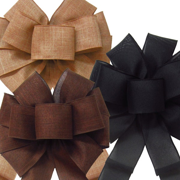 Natural Linen Wreath Bows - Fall Wreath Bows - Natural Autumn Bows for Wreath or Lantern - Brown Bows - Black Linen Bows - Wired Linen Bows