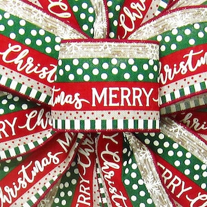 10 Yds Red & Green Stripes Merry Christmas Ribbon - 2.5&quot; Wired Ribbon for Wreaths, Bows, Baskets - Christmas Ribbon for Holiday Decorating
