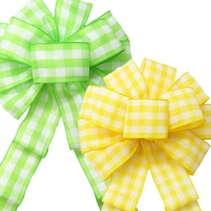 May include: Two gingham bows, one green and white, one yellow and white.