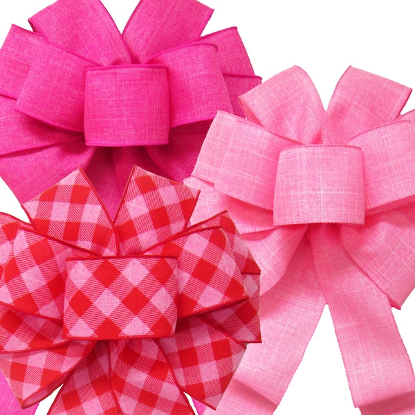 Pink Wreath Bows - Linen Pink Easter Wreath Bows - Spring Bows for Wreaths or Lanterns - Plaid Bows for Easter Baskets - Wire Edged Bows