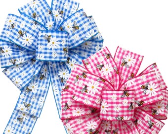 Gingham Bees Daisies Spring Bows -  2.5" Wired Ribbons - Wreaths, Lanterns, Baskets, Signs, Crafts, Decorations
