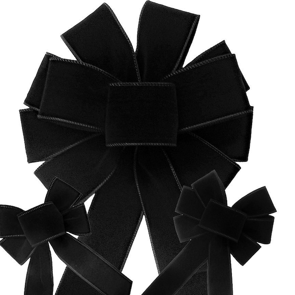 Indoor Outdoor Bows & Ribbon - Wired Black Velvet Bows for Wreaths, Lanterns, Signs, Crafts - Wire Edged Black Wreath Bows for Halloween