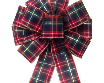 Crimson & Navy Blue Plaid Bows - Wired Christmas Bows for Wreaths, Lanterns, Signs, Crafts, Decorations