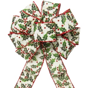 Holly & Berries Ivory Bow - Wired Floral Christmas Ribbons - Wreaths , Lanterns, Signs, Crafts, Holiday Decorations