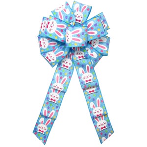 Wired Easter Bunnies & Eggs Bows Easter Wreath Bow Spring Bows for Wreaths or Lantern Easter Basket Bows Choose Color/Size SW13M BLUE - 10"W X 20"L