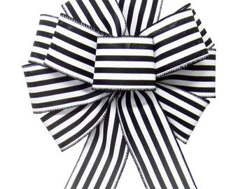 Wide Black & White Cabana Stripes Bows - Wired Linen Bows - Wreaths, Lanterns, Signs, Crafts, Decorations