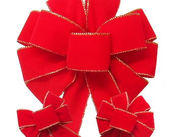 Bright Red/Gold Outdoor Velvet Bows - Wired Christmas Ribbons - Wreaths, Lanterns, Signs, Crafts, Decorations