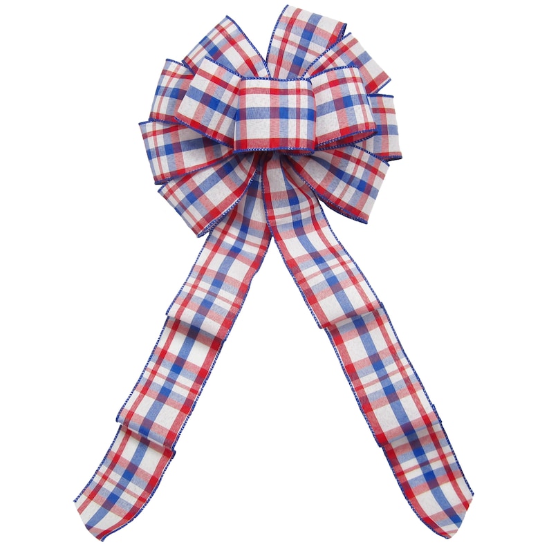 Red White Blue Plaid Patriotic Bows – Wired Americana Ribbon - Wreaths, Lanterns, Signs, Crafts, Decorations Bow - 10"W x 20"L