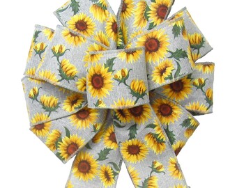 Painted Sunflowers Gray Fall Bows - Wired Floral Ribbons - Wreaths, Lanterns, Signs, Crafts, Thanksgiving Decorating