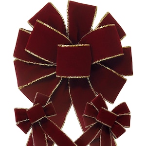 Burgundy/Gold Outdoor Velvet Bows & Ribbon - Christmas Wreaths, Lantern, Signs, Garland, Gifts, Crafts, Decorations
