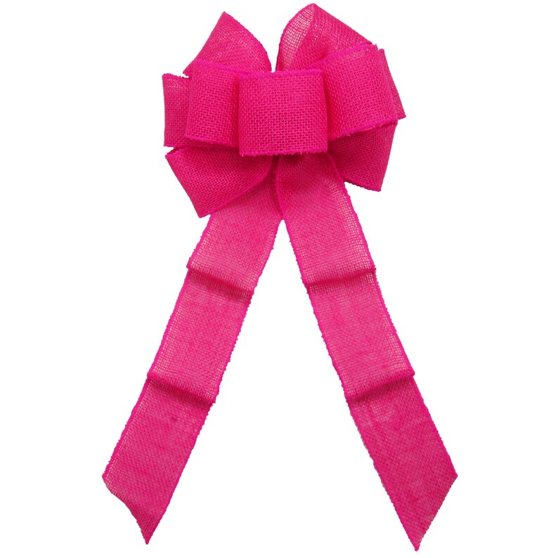 May include: A large, bright pink burlap bow with a center loop and two long tails.
