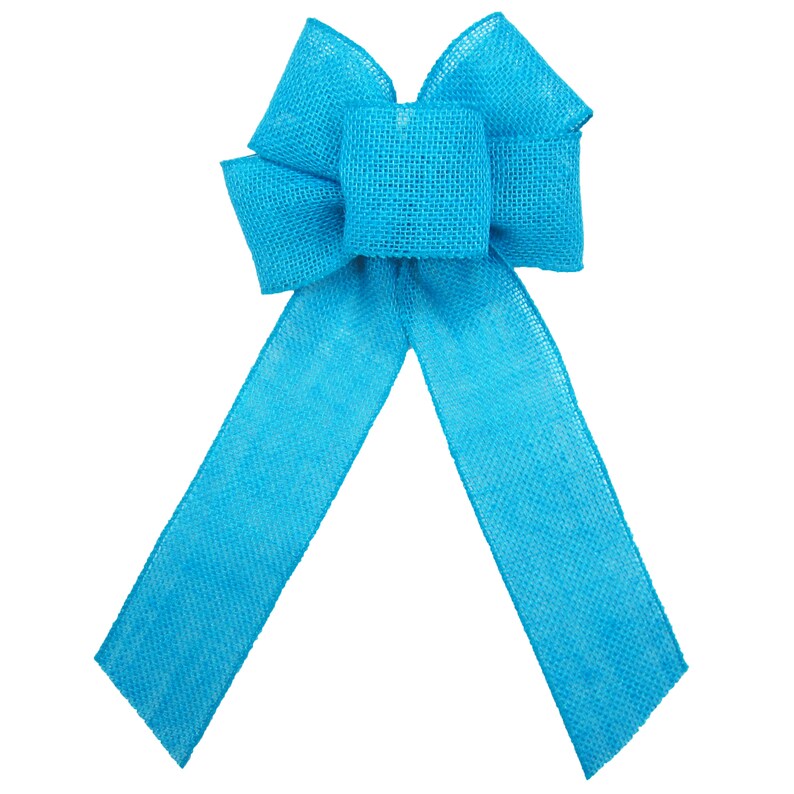 May include: A large turquoise blue burlap bow with a center loop. The bow is tied with a single knot and has long tails.