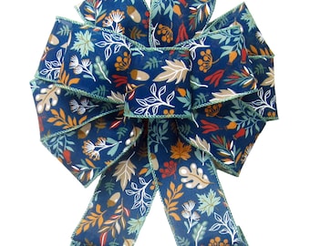 Teal Fall Foliage Navy Blue Bows - Wired Bows & Ribbon - Wreaths, Lanterns, Signs, Crafts, Decorations