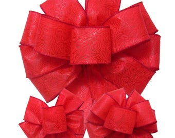 Red Outdoor Embossed Bows & Ribbon - Weather Resistant - Wreaths, Porch Signs, Spring Crafts, Christmas Decorations