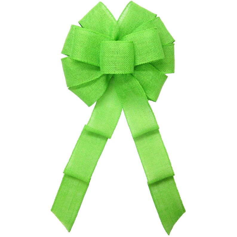 May include: A large, bright green burlap bow with long tails. The bow is tied in a classic, symmetrical style.