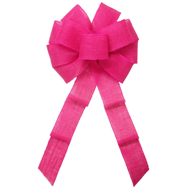 May include: A large, bright pink burlap bow with two long tails. The bow is tied in a classic, symmetrical style.