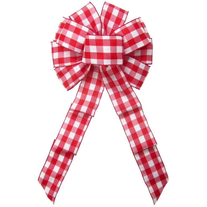 May include: A red and white gingham bow with a large center loop and two long tails.