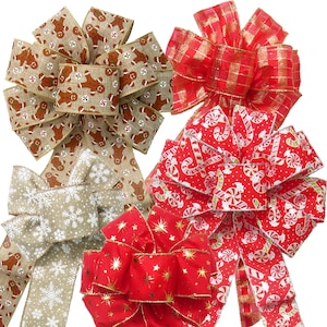 May include: Four different Christmas bows with various patterns. The bows are made of red, brown, and white ribbon with gold accents. The patterns include gingerbread men, candy canes, snowflakes, and stars.