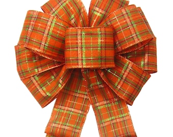 Pumpkin Plaid Fall Bows - Wired Holiday Ribbons - Wreaths, Lanterns, Signs, Autumn Crafts, Thanksgiving Decorations