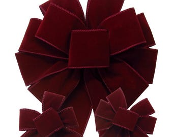 Burgundy Outdoor Velvet Bows & Ribbon - Wreaths, Lanterns, Signs, Crafts, Garland, Gifts, Trees, Christmas Decor