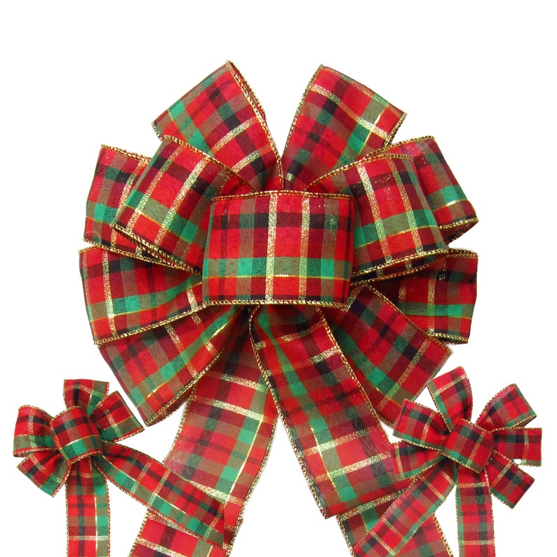 Holiday Plaid Christmas Wreath Bows - Wired Christmas Bows for Wreaths, Lanterns, Signs, Garland - Large & Small Bows for Christmas Trees